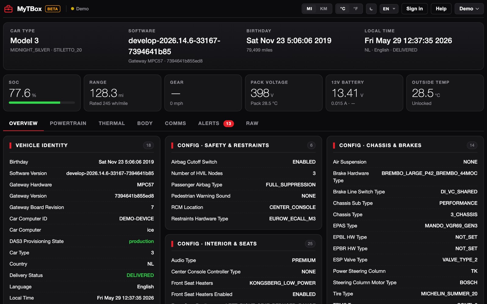 MyTBox dashboard showing a Tesla’s live battery, charging and build data in plain language